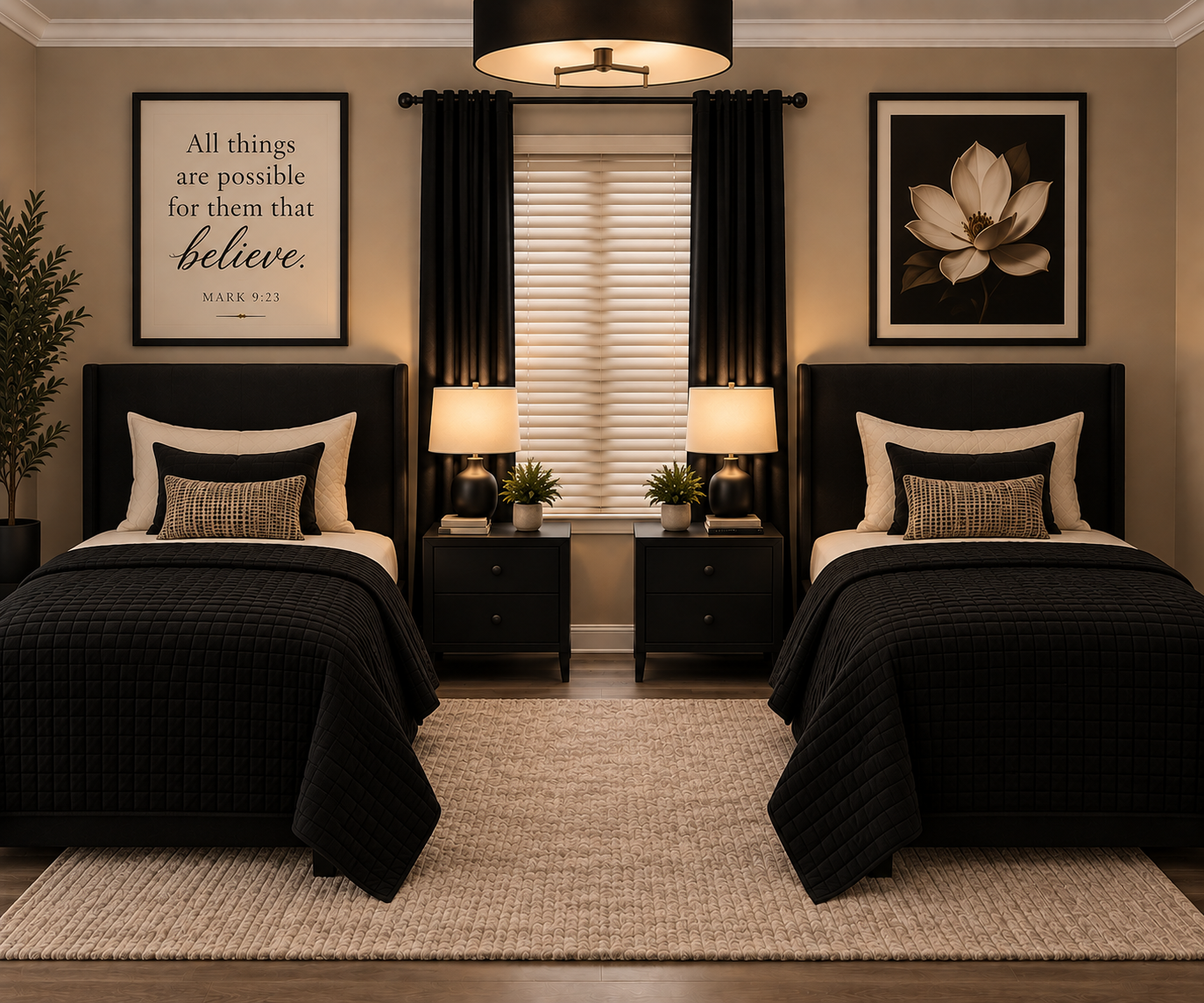 Two neatly made beds in a warm black and cream bedroom