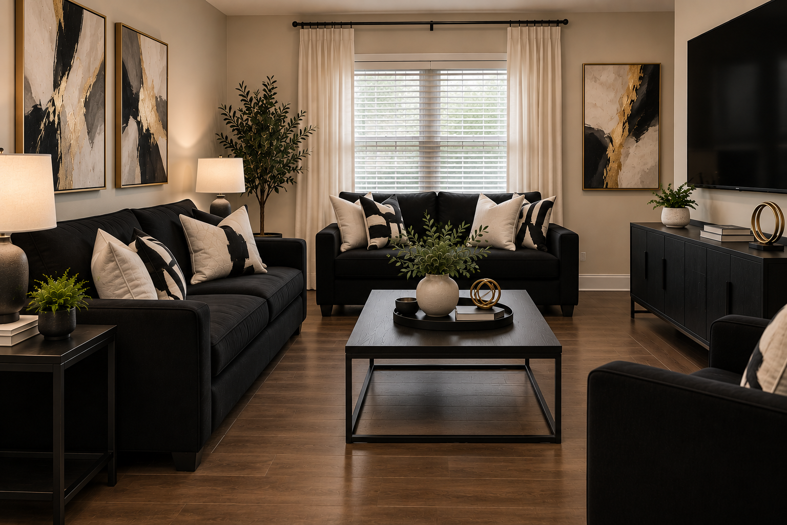 Comfortable shared living space with cream walls and black furnishings