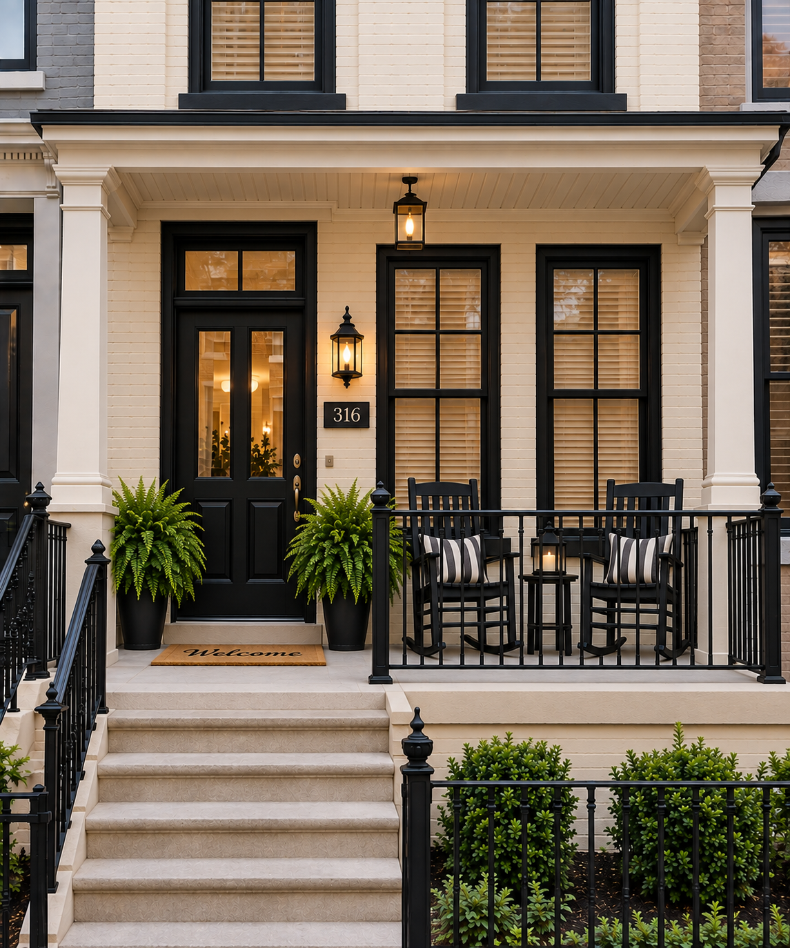 Cream brick townhouse porch with two first-floor windows, black door, chairs, and ferns